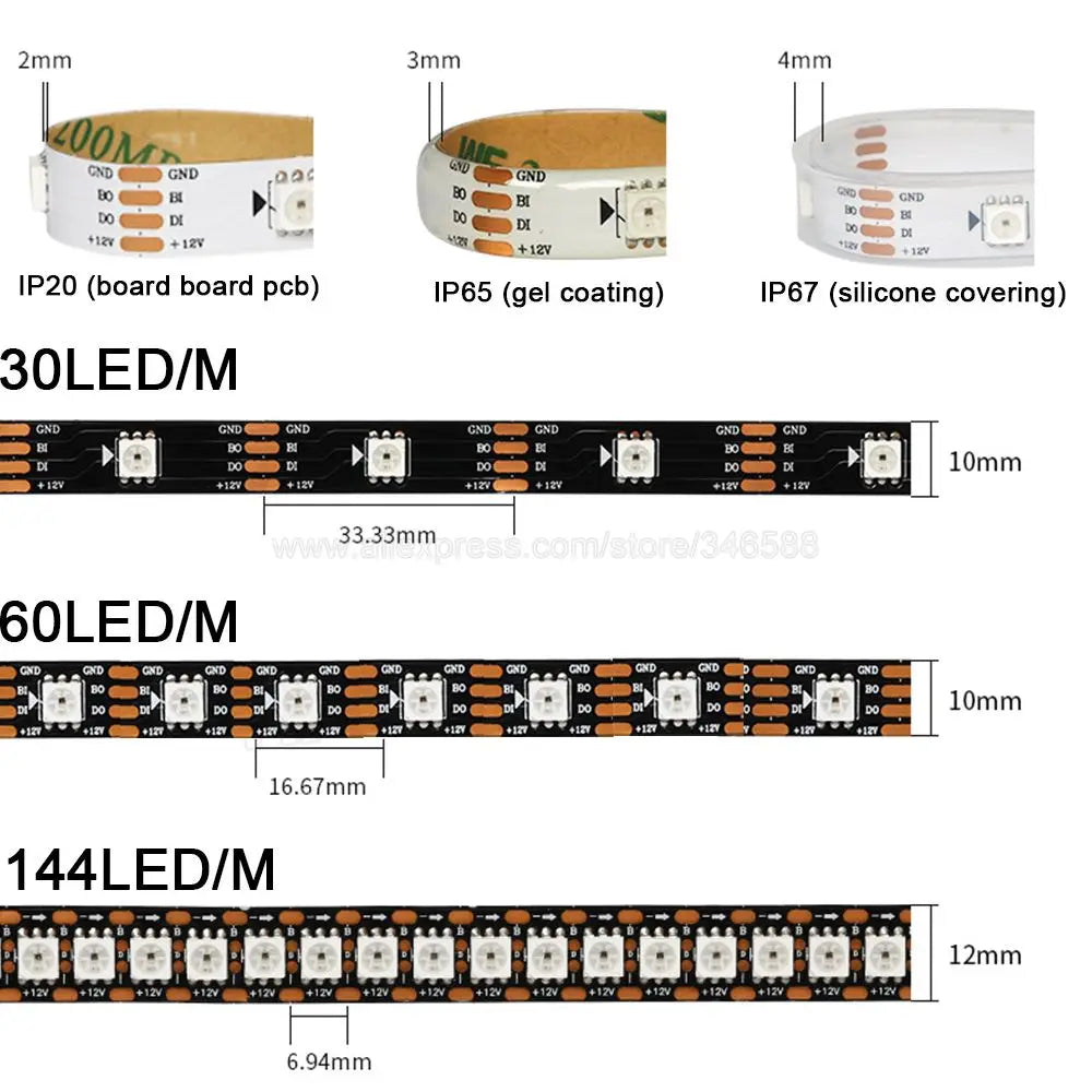 WS2815 LED-strip — 12V, Dual-signal, 30/60/74/96/144 LEDs/m