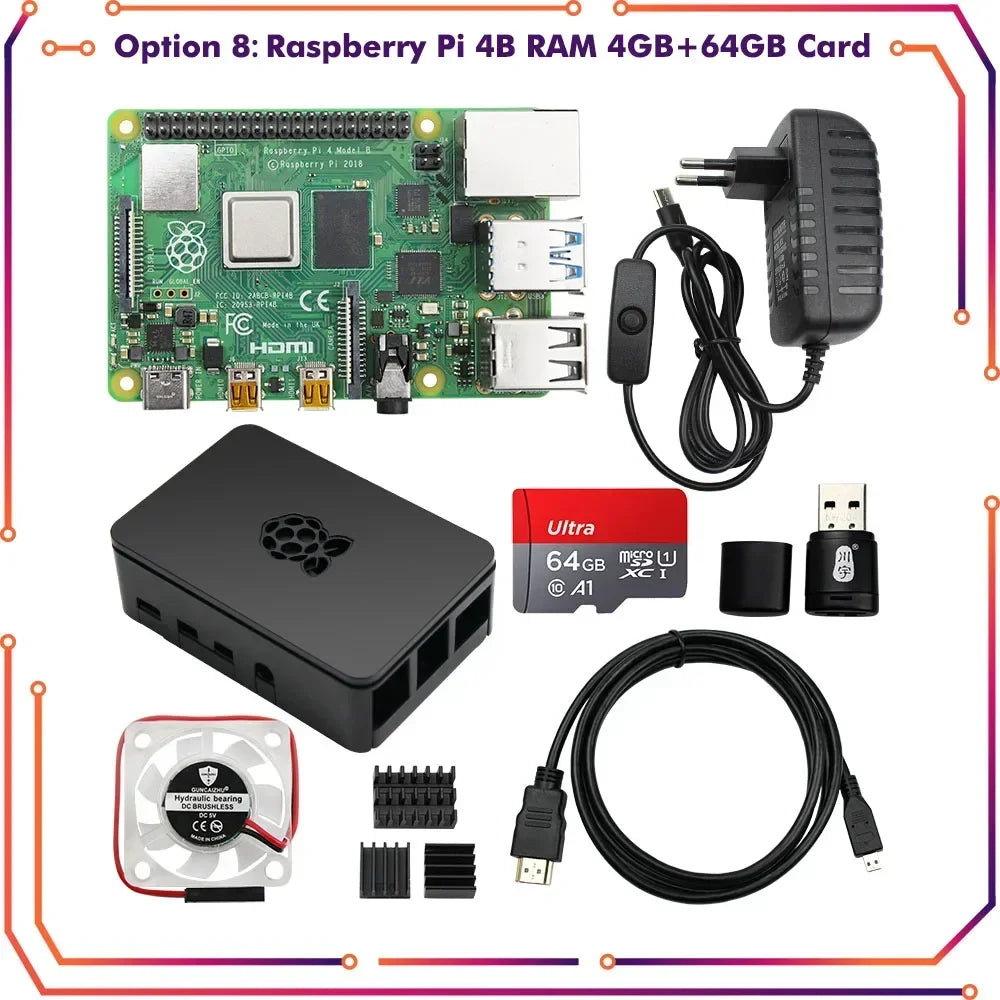 Raspberry Pi 4 Starter Kit — 2/4/8GB med etui, vifte, strøm & HDMI