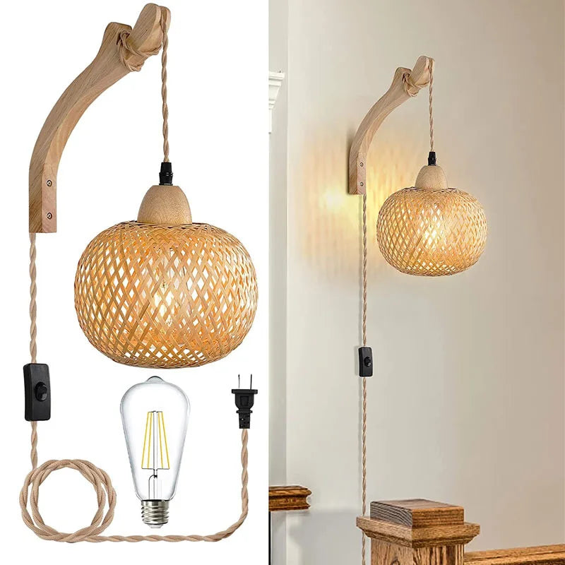 Bambus lykt vegglampe — Håndvevd rattan, E27