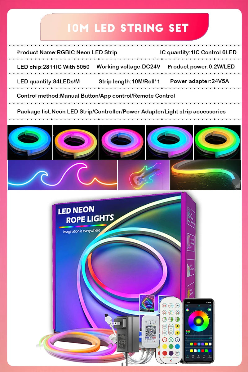 RGBIC Neon Flex LED-strip — 84 LEDs/m, Bluetooth, Musikksync, 12–24V
