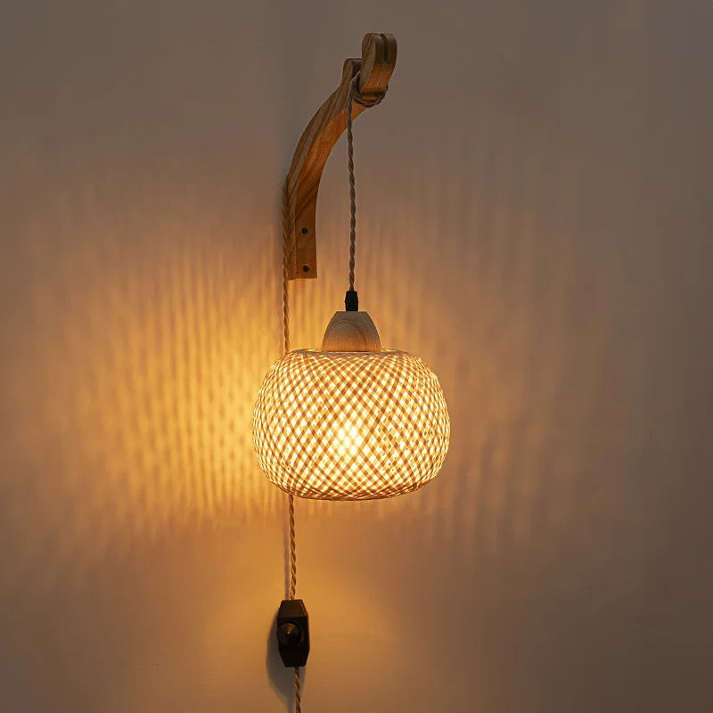 Bambus lykt vegglampe — Håndvevd rattan, E27