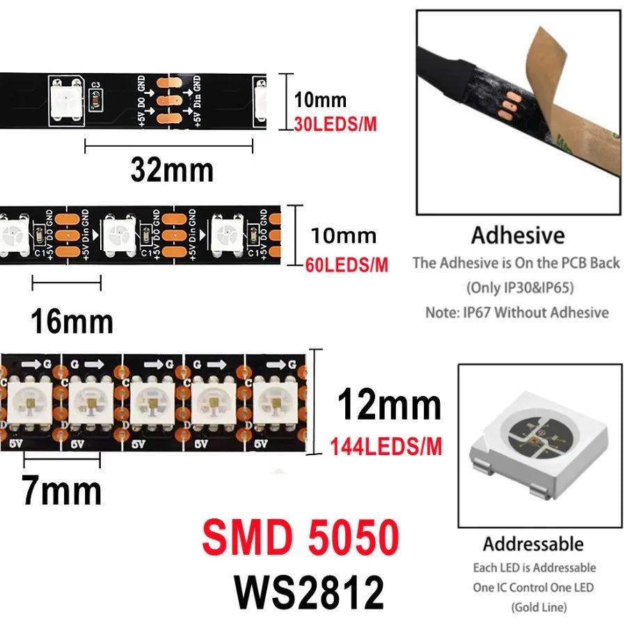 WS2812B LED-strip — 5V, 30/60/144 LEDs/m, IP30/IP67