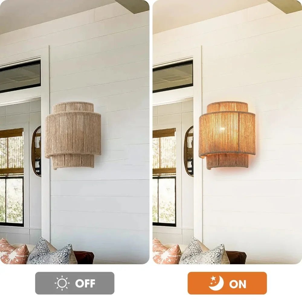 Rustikk hampetau vegglampe — Boho/Farmhouse, E27