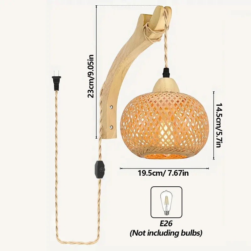Bambus lykt vegglampe — Håndvevd rattan, E27