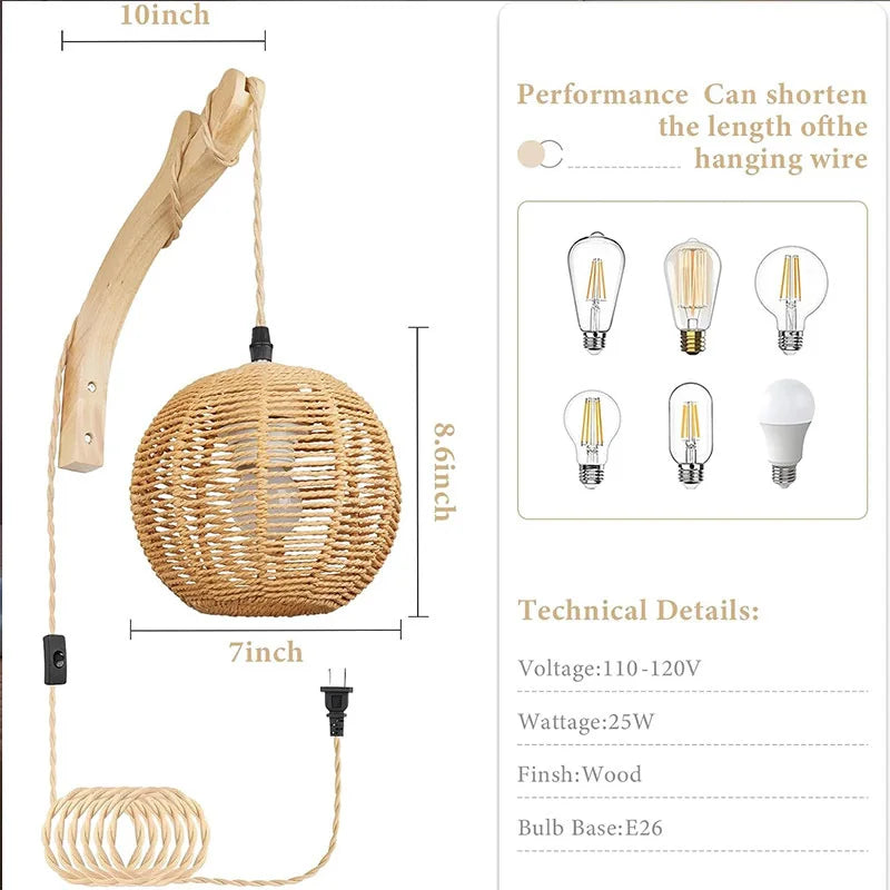Bambus lykt vegglampe — Håndvevd rattan, E27