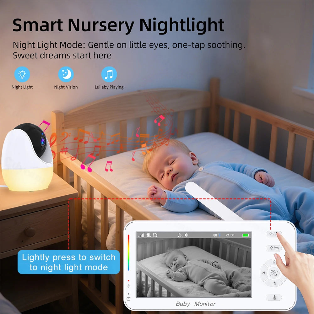 1080P HD WiFi Babymonitor med 4.3" Skjerm – Appstyring, Nattesyn, Nattelys, VOX, Vuggesanger & Temperaturmåling