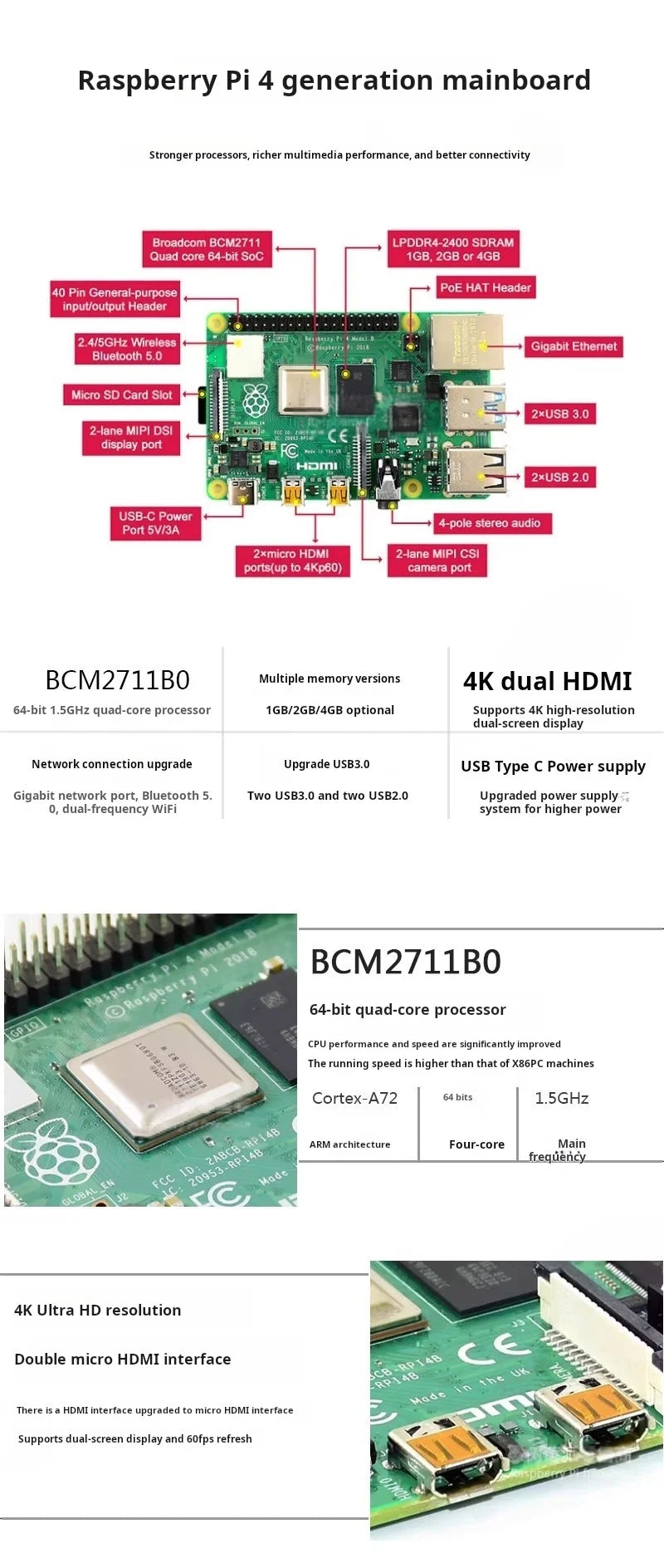 Raspberry Pi 4 Model B — 1/2/4/8GB RAM, WiFi & Bluetooth