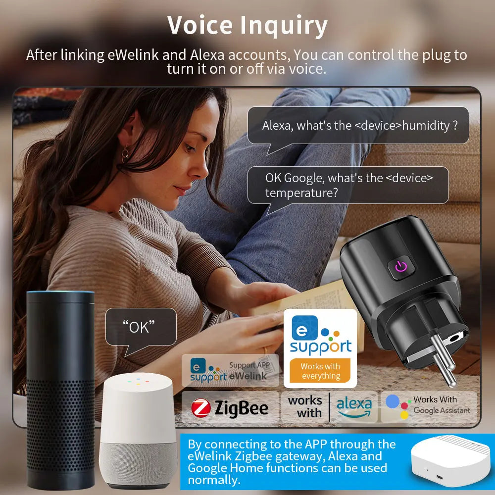 eWeLink Zigbee Smart Plug 16A — Strømmåler, Timer, Home Assistant/Alexa/Google