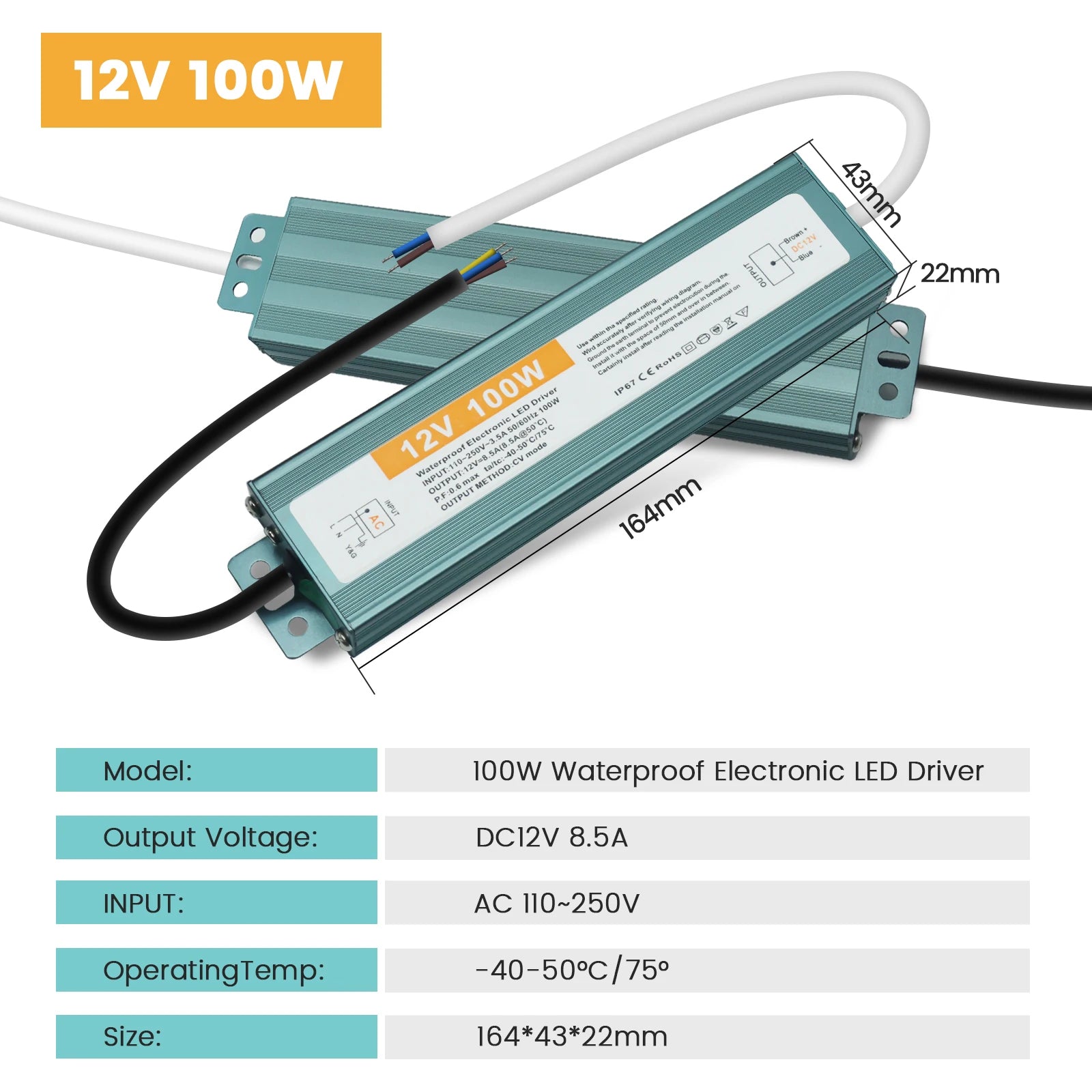 IP67 Vanntett Strømforsyning — 12V/24V, 36–600W