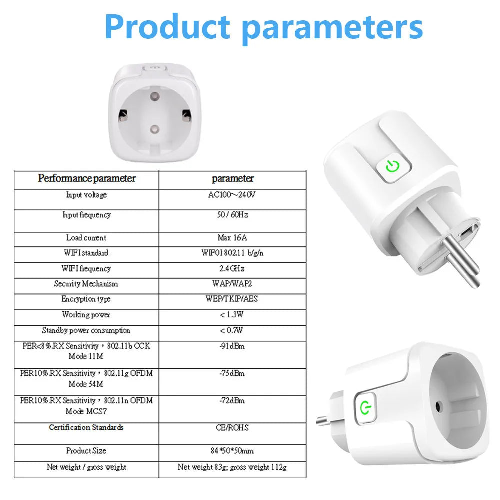 Tuya Smart Plug WiFi — EU 16A/20A, Power Meter, Alexa & Google Home