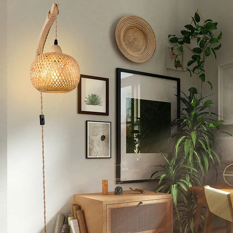 Bambus lykt vegglampe — Håndvevd rattan, E27