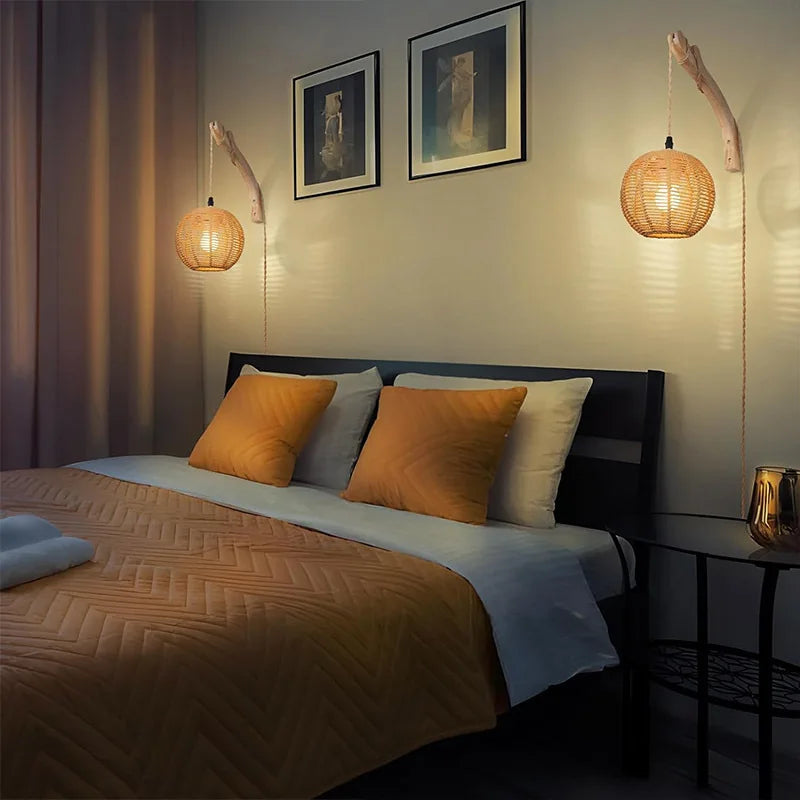 Bambus lykt vegglampe — Håndvevd rattan, E27