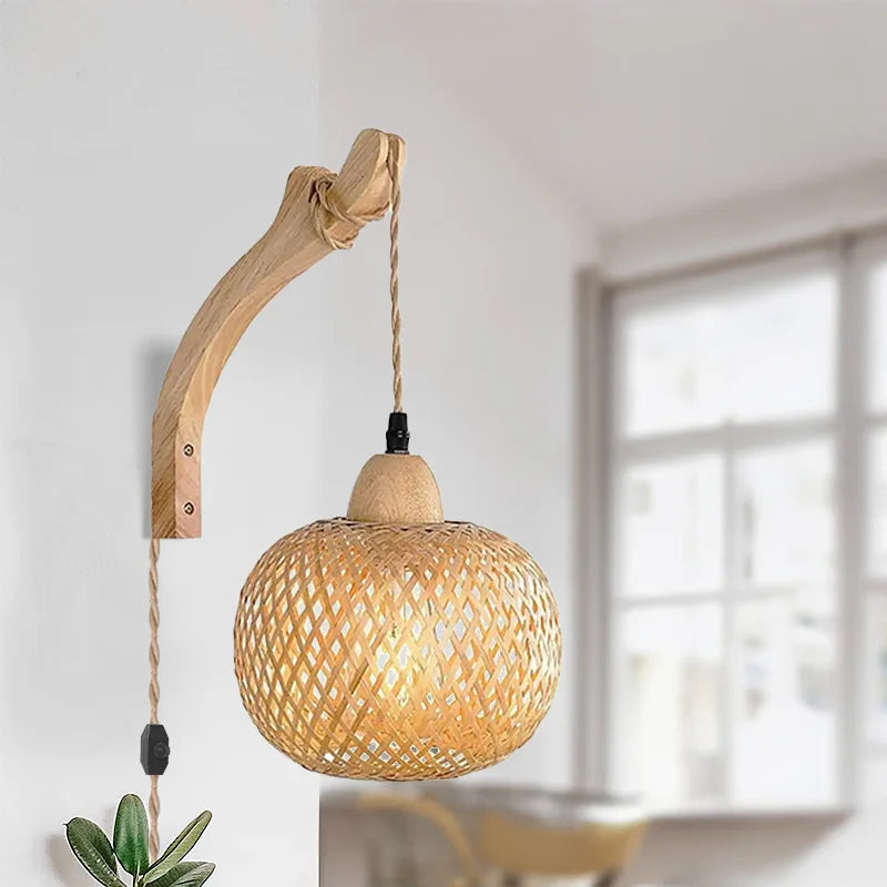 Bambus lykt vegglampe — Håndvevd rattan, E27