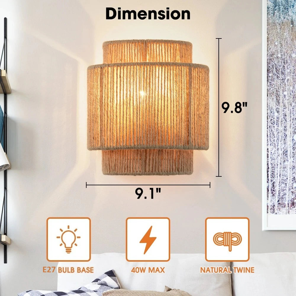 Rustikk hampetau vegglampe — Boho/Farmhouse, E27