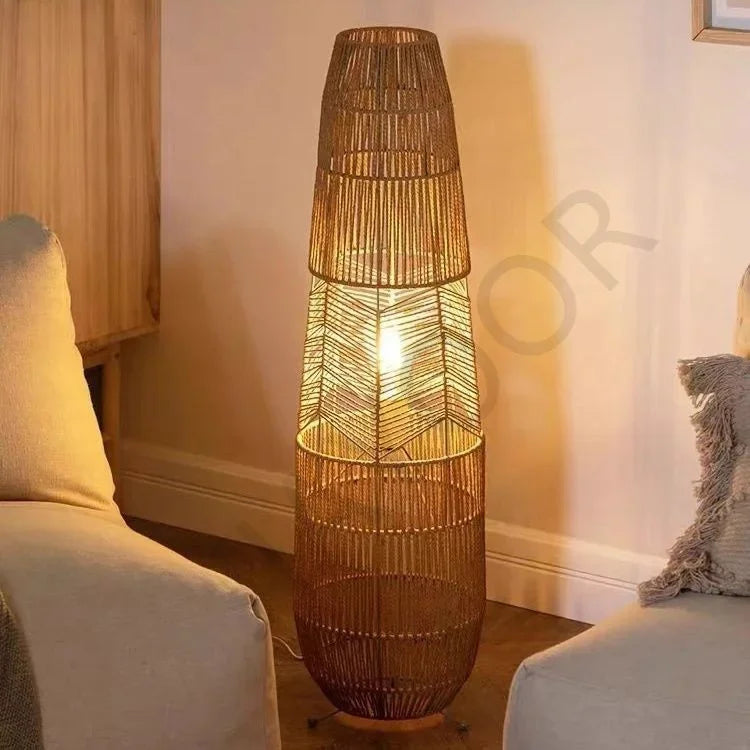 Wabi-Sabi gulvlampe med hampetau — Retro, vertikal (stue/soverom)