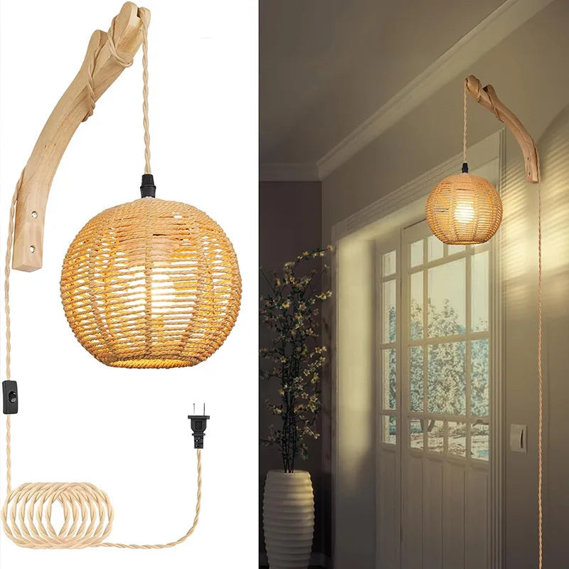 Bambus lykt vegglampe — Håndvevd rattan, E27