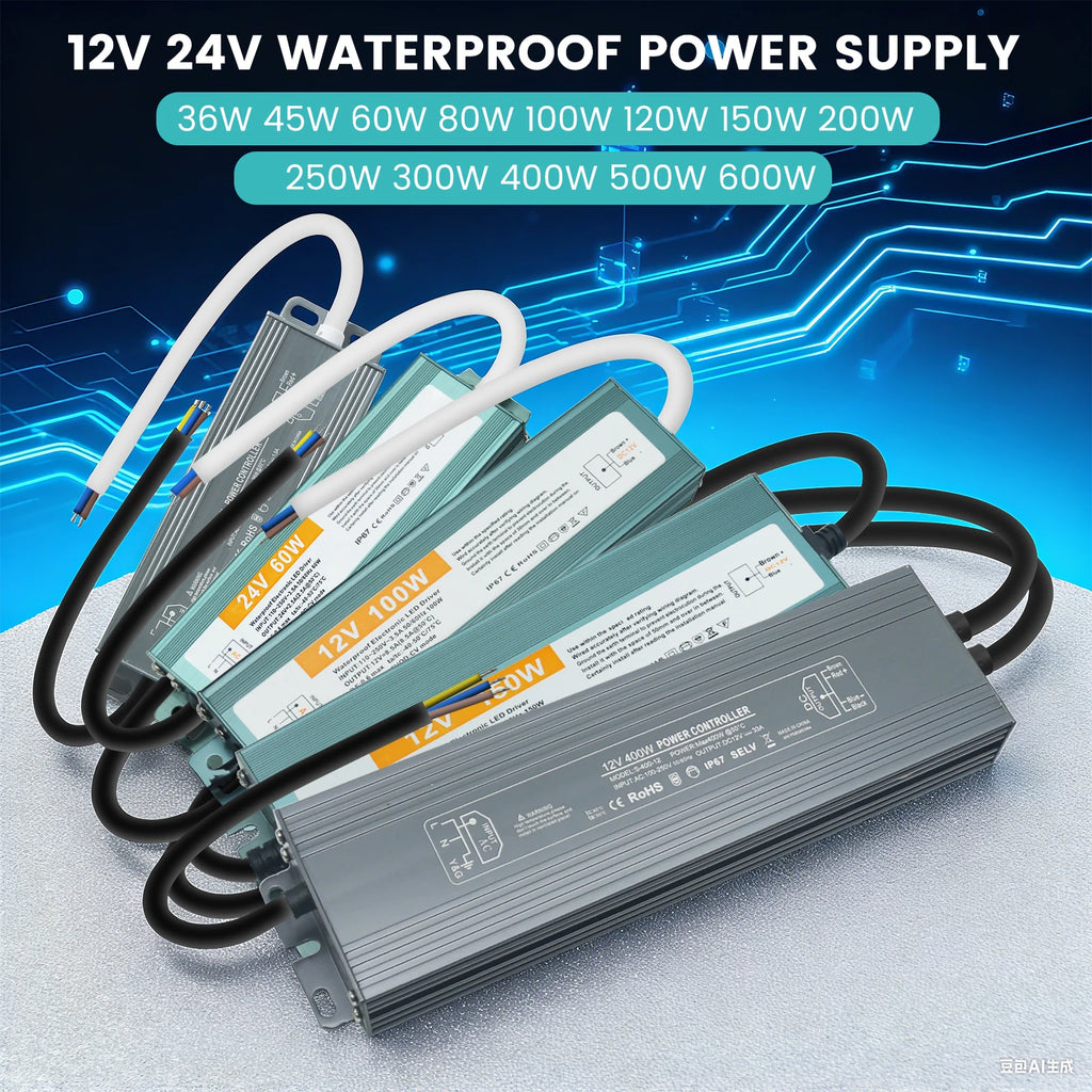 IP67 Vanntett Strømforsyning — 12V/24V, 36–600W