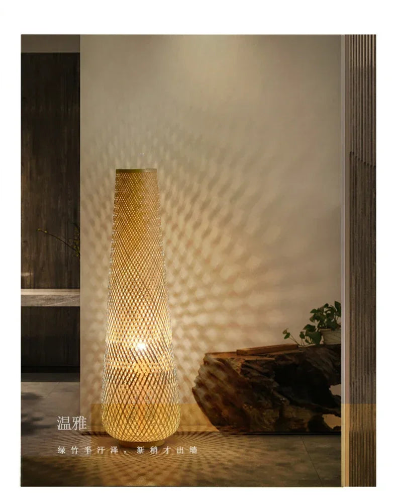 Japansk Wabi-Sabi gulvlampe — Håndvevd bambus, LED (stue/soverom/te-rom)