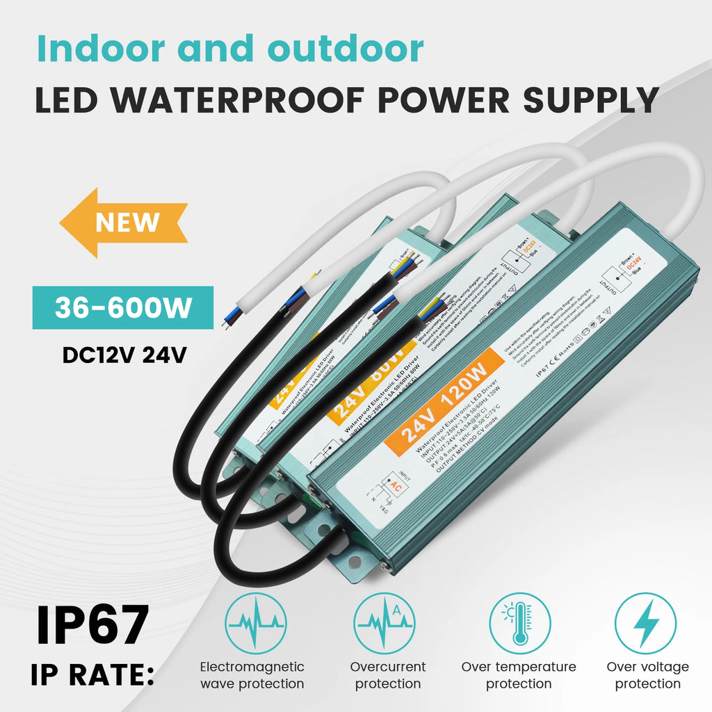 IP67 Vanntett Strømforsyning — 12V/24V, 36–600W