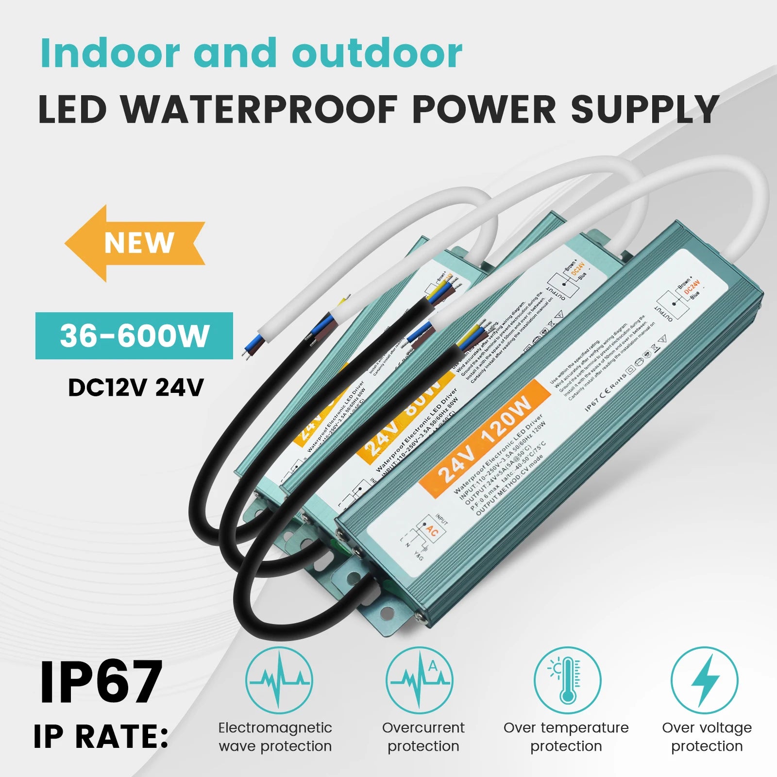 IP67 Vanntett Strømforsyning — 12V/24V, 36–600W