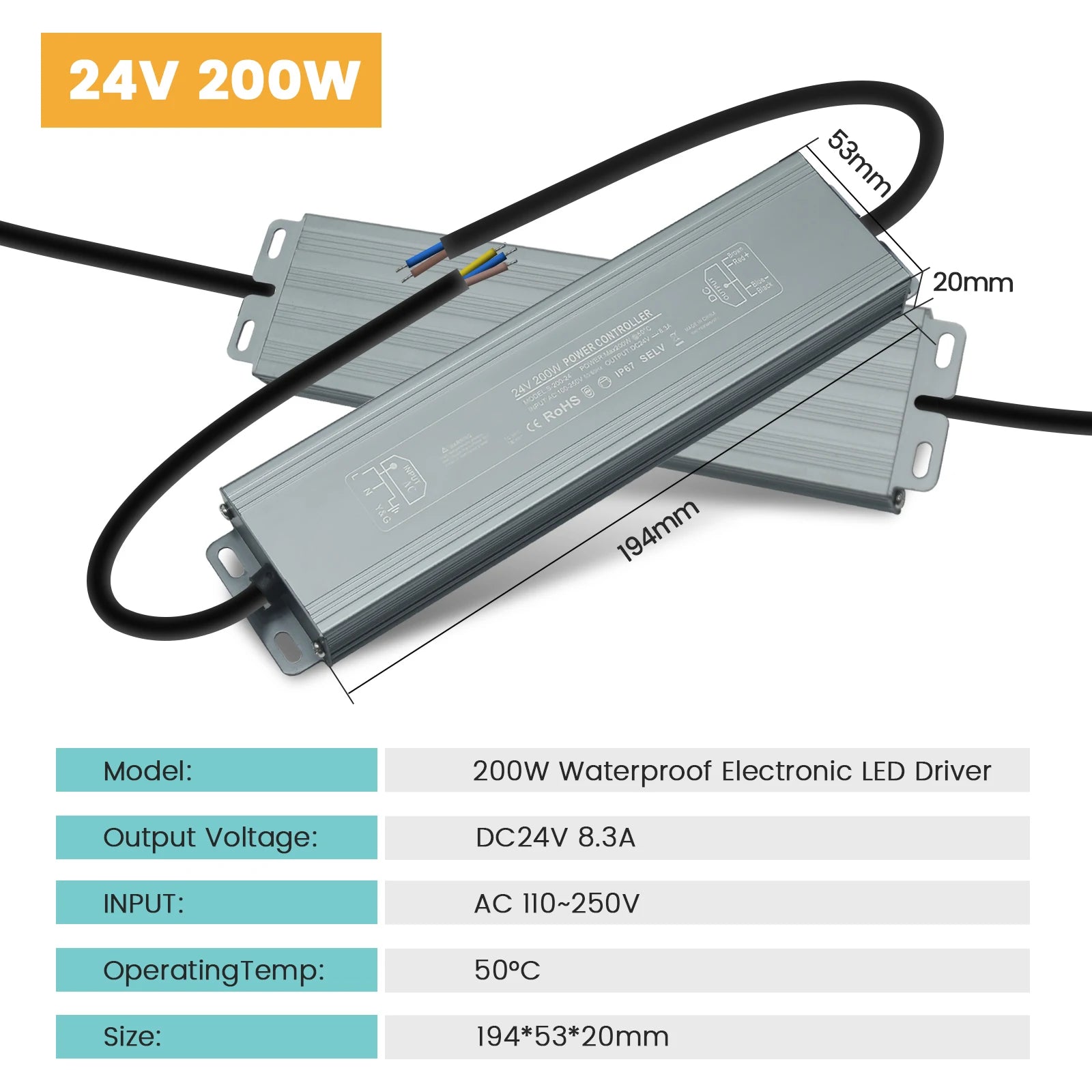 IP67 Vanntett Strømforsyning — 12V/24V, 36–600W