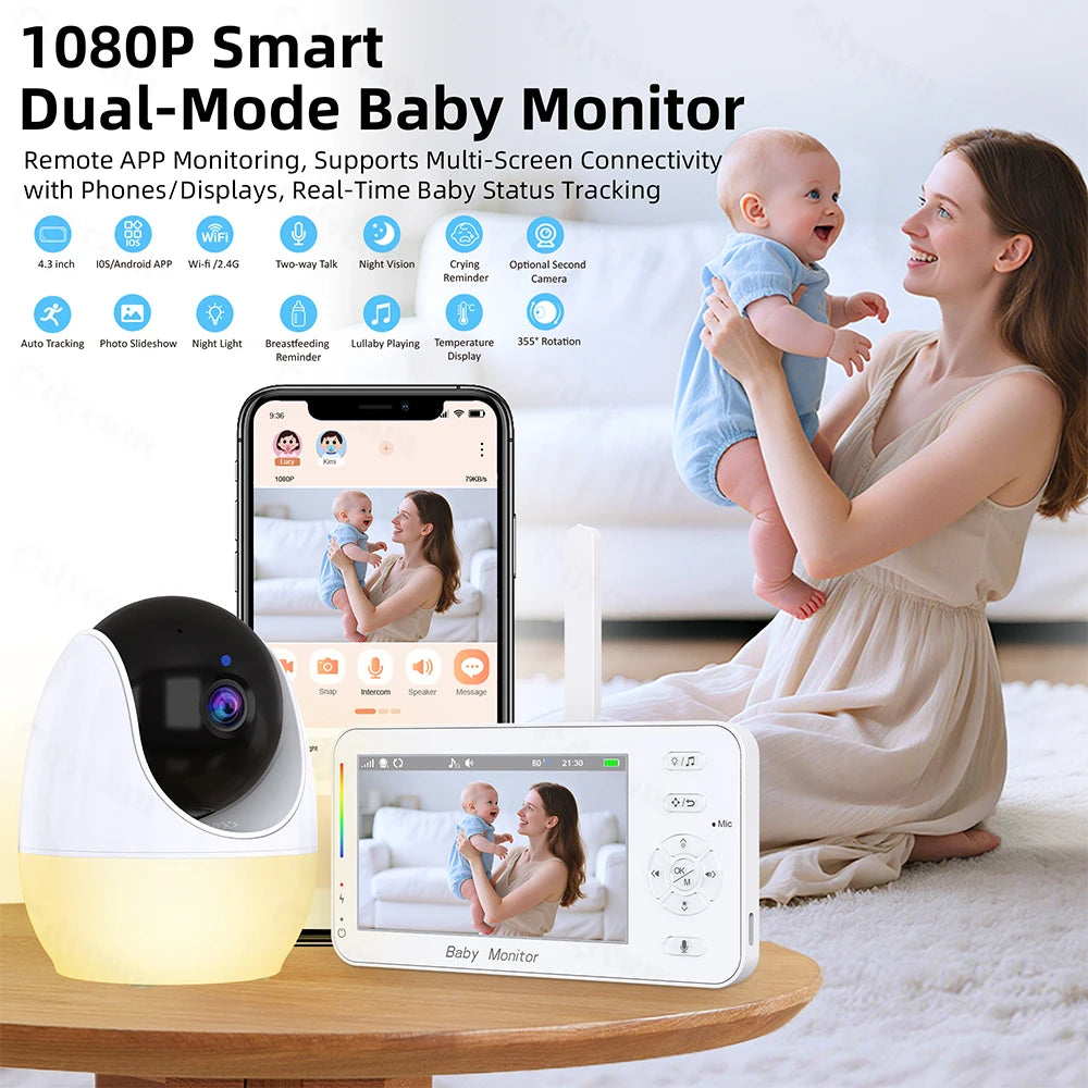 1080P HD WiFi Babymonitor med 4.3" Skjerm – Appstyring, Nattesyn, Nattelys, VOX, Vuggesanger & Temperaturmåling