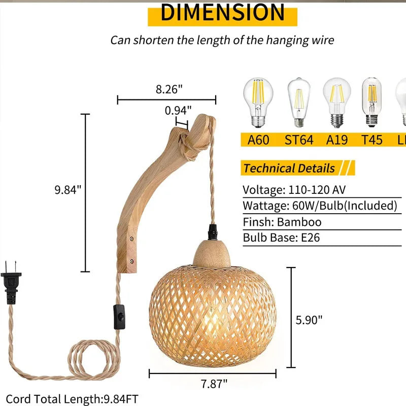 Bambus lykt vegglampe — Håndvevd rattan, E27