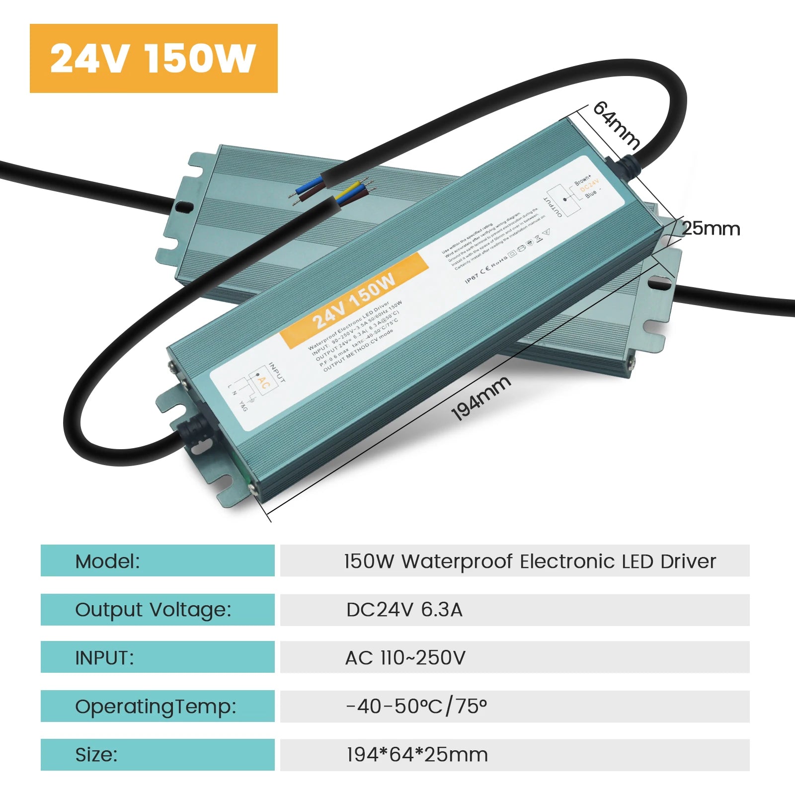 IP67 Vanntett Strømforsyning — 12V/24V, 36–600W