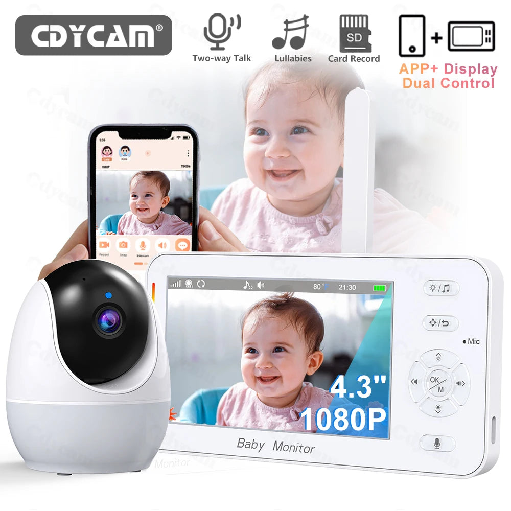 1080P HD WiFi Babymonitor med 4.3" Skjerm – Appstyring, Nattesyn, Nattelys, VOX, Vuggesanger & Temperaturmåling