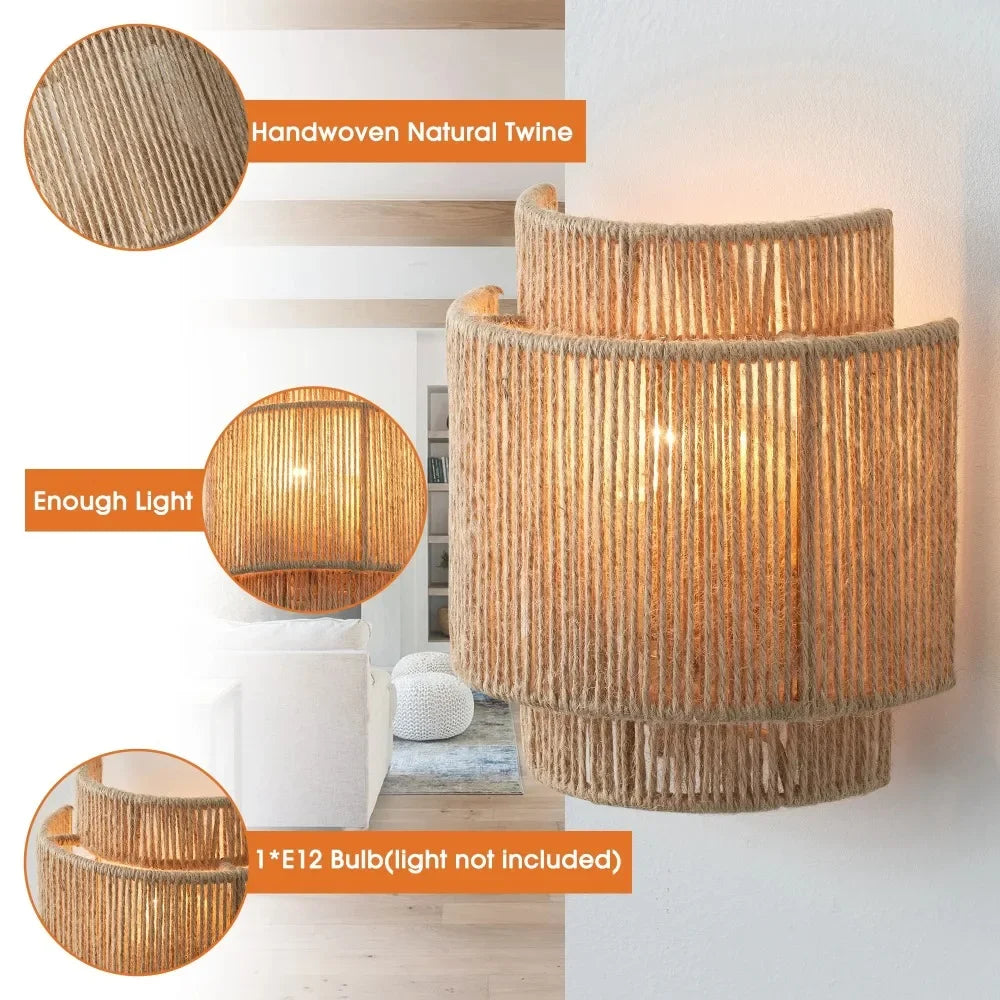 Rustikk hampetau vegglampe — Boho/Farmhouse, E27