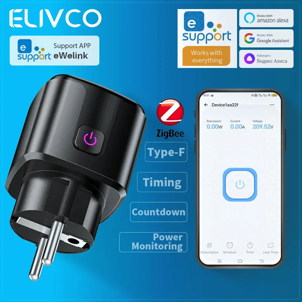 eWeLink Zigbee Smart Plug 16A — Strømmåler, Timer, Home Assistant/Alexa/Google