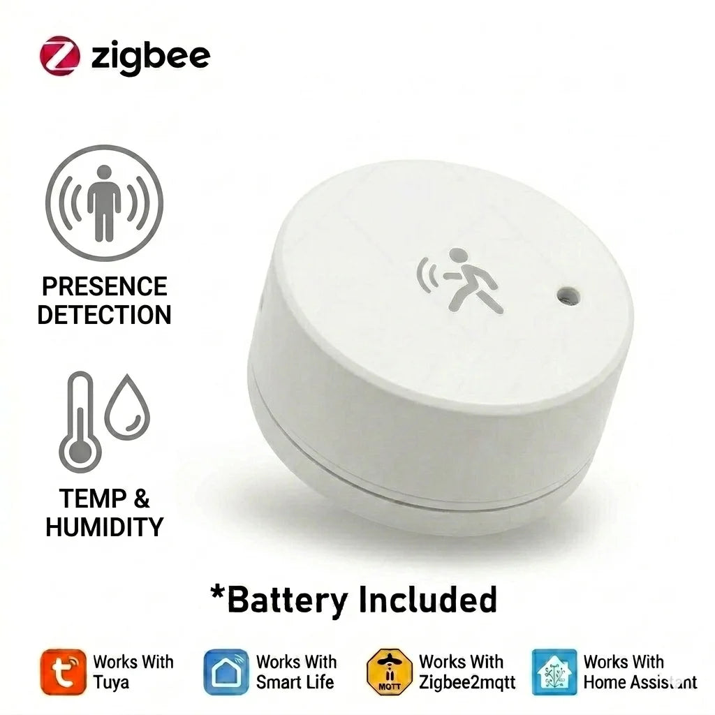 Tuya Zigbee Tilstedeværelsessensor — mmWave, Temp/Fukt/Lys, Home Assistant