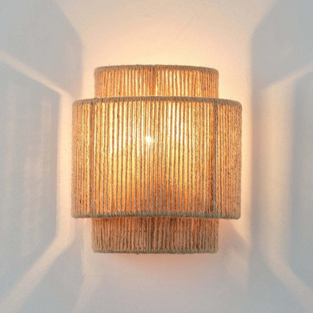 Rustikk hampetau vegglampe — Boho/Farmhouse, E27