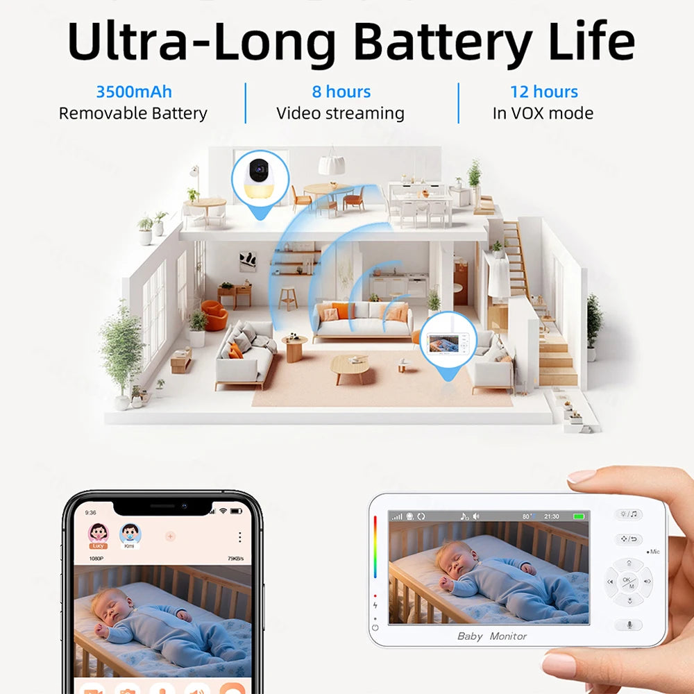 1080P HD WiFi Babymonitor med 4.3" Skjerm – Appstyring, Nattesyn, Nattelys, VOX, Vuggesanger & Temperaturmåling