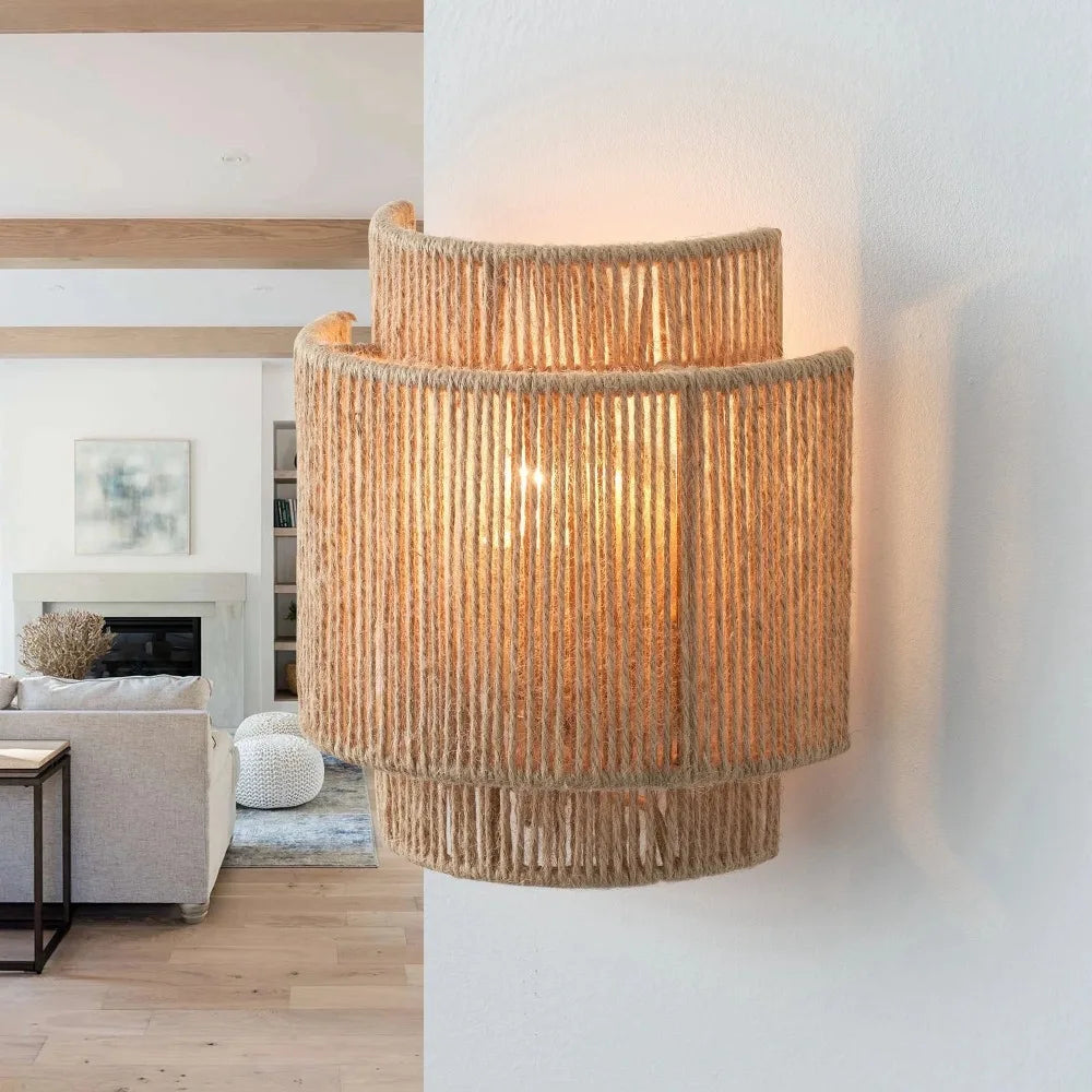 Rustikk hampetau vegglampe — Boho/Farmhouse, E27