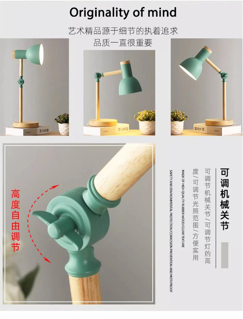 Nordisk trelampe — LED, justerbar, øyevennlig lesing/soverom