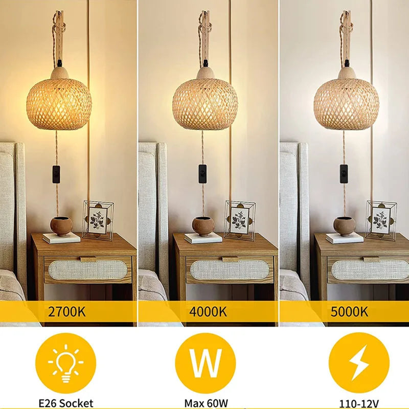 Bambus lykt vegglampe — Håndvevd rattan, E27