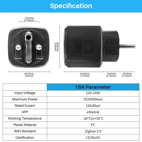 eWeLink Zigbee Smart Plug 16A — Strømmåler, Timer, Home Assistant/Alexa/Google