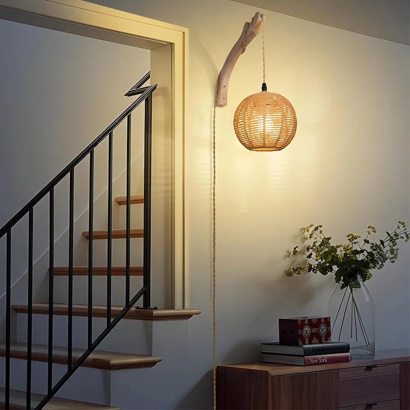 Bambus lykt vegglampe — Håndvevd rattan, E27