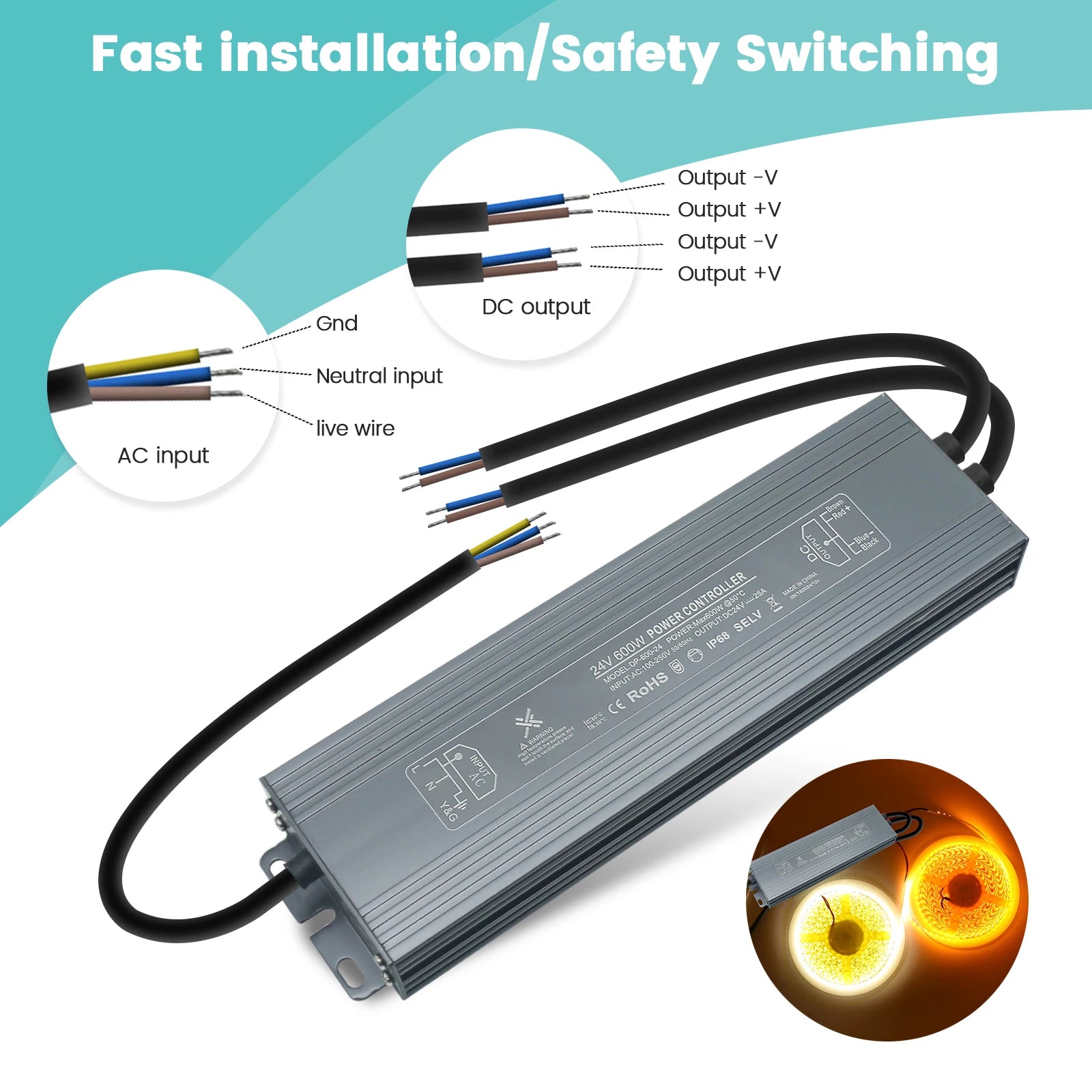 IP67 Vanntett Strømforsyning — 12V/24V, 36–600W