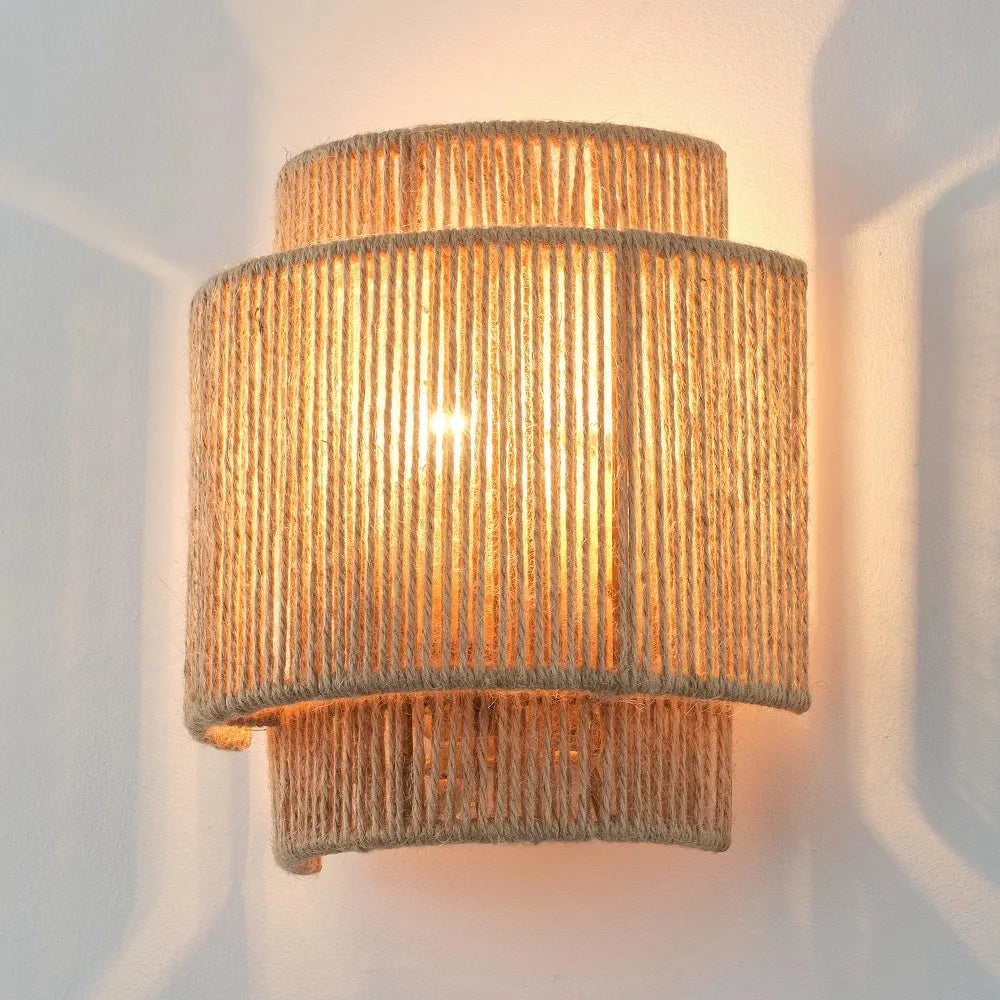 Rustikk hampetau vegglampe — Boho/Farmhouse, E27