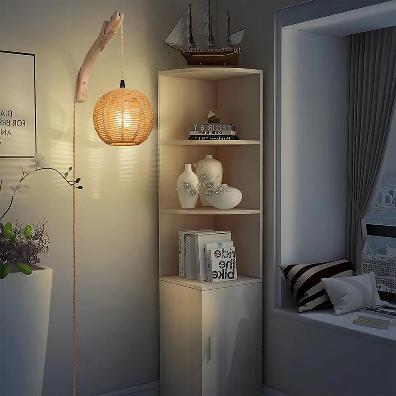 Bambus lykt vegglampe — Håndvevd rattan, E27