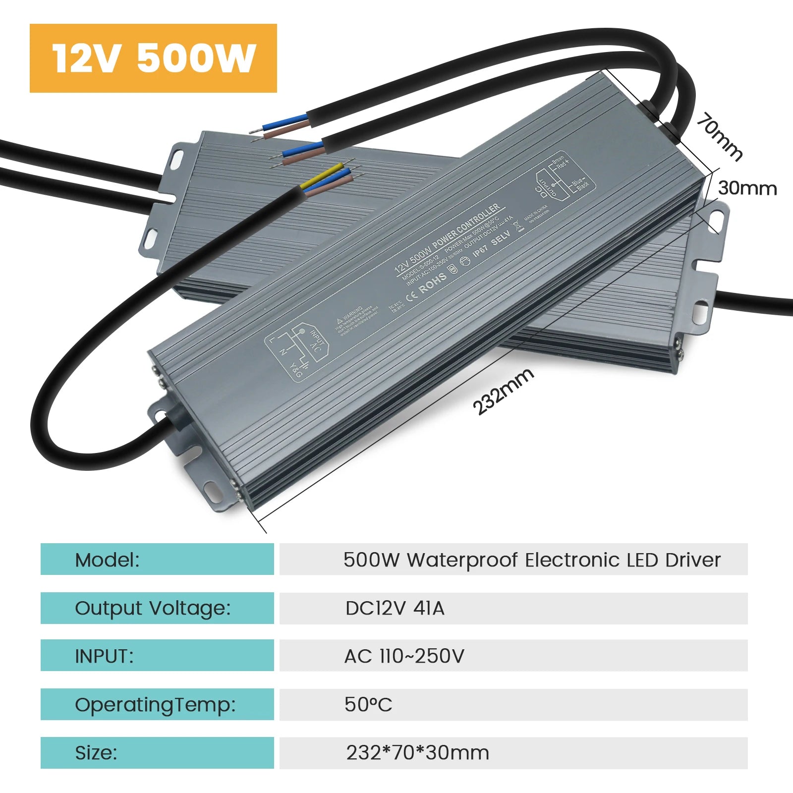 IP67 Vanntett Strømforsyning — 12V/24V, 36–600W