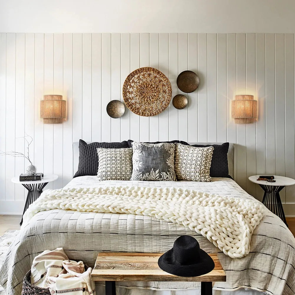 Rustikk hampetau vegglampe — Boho/Farmhouse, E27