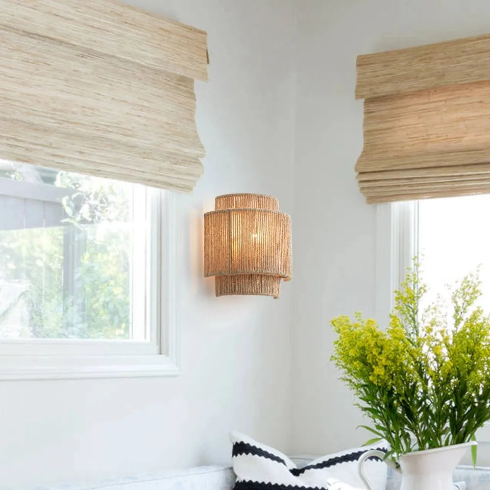 Rustikk hampetau vegglampe — Boho/Farmhouse, E27