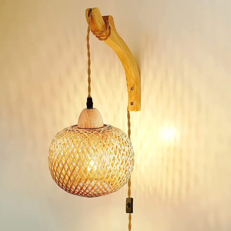 Bambus lykt vegglampe — Håndvevd rattan, E27