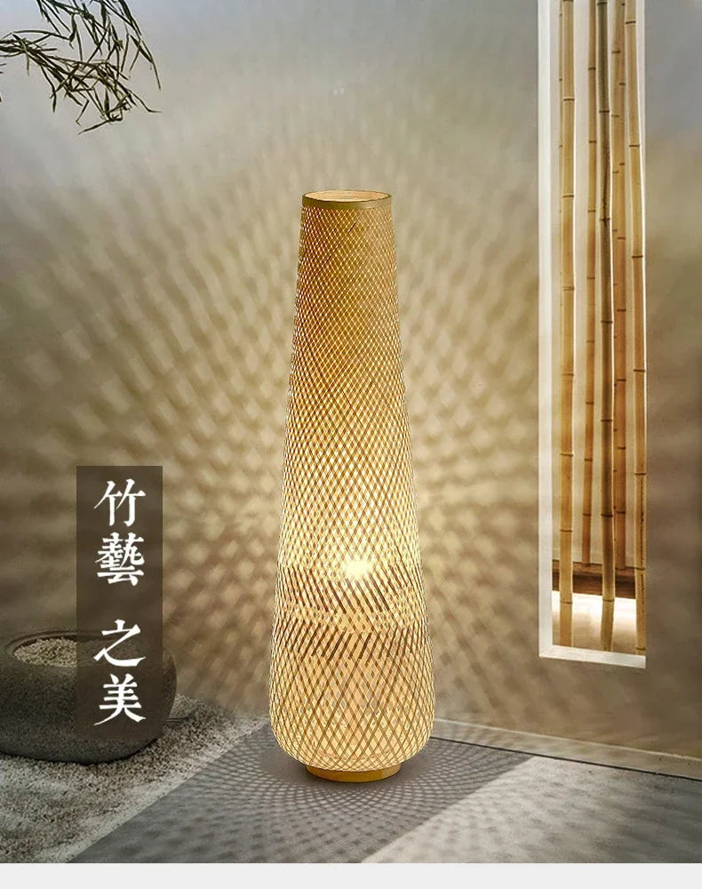 Japansk Wabi-Sabi gulvlampe — Håndvevd bambus, LED (stue/soverom/te-rom)