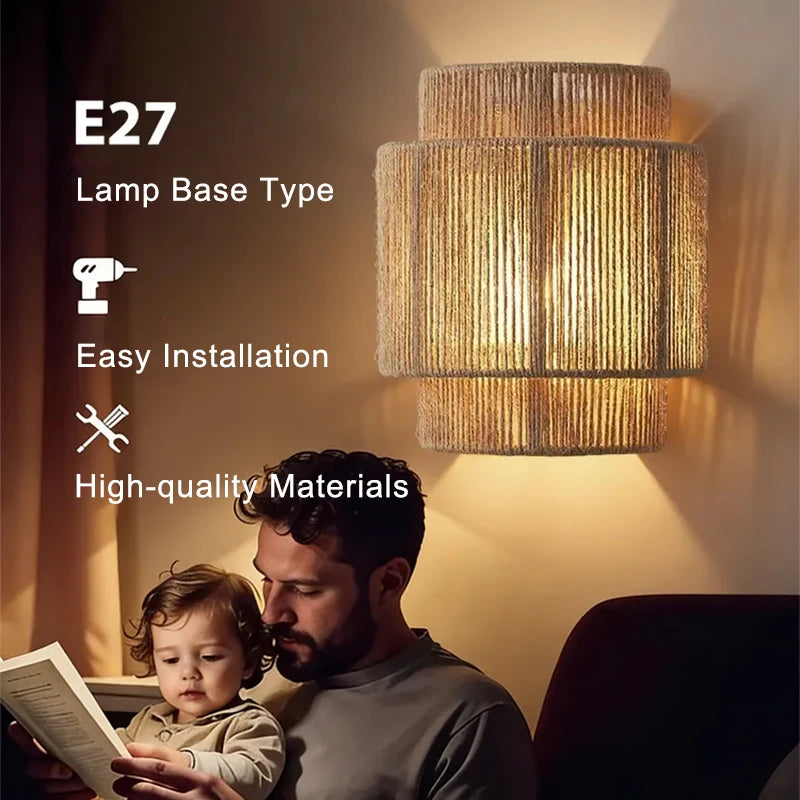 Retro rattan vegglampe — E27 hampetau, stue/korridor