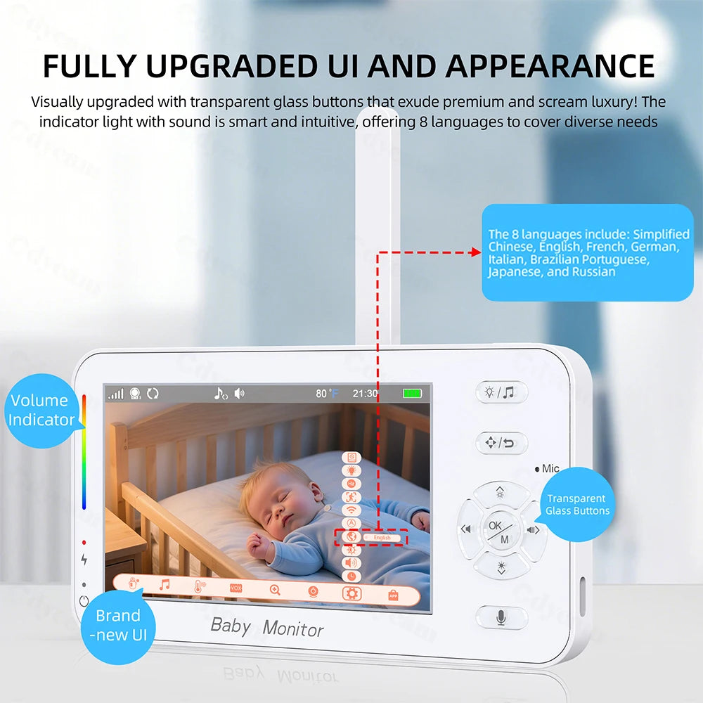 1080P HD WiFi Babymonitor med 4.3" Skjerm – Appstyring, Nattesyn, Nattelys, VOX, Vuggesanger & Temperaturmåling