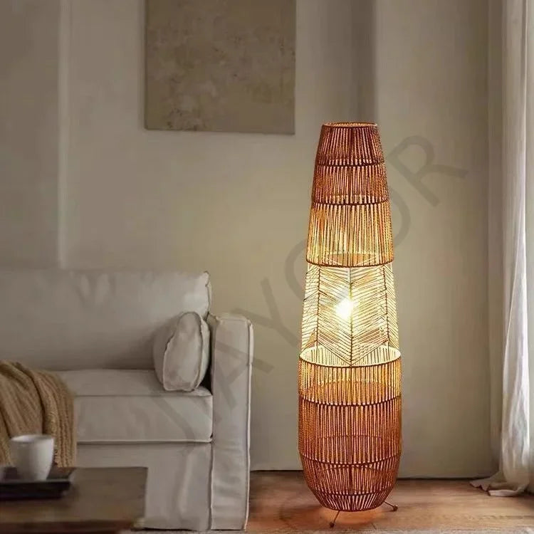 Wabi-Sabi gulvlampe med hampetau — Retro, vertikal (stue/soverom)